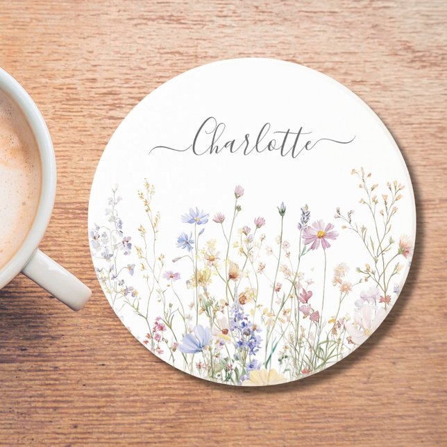 Posavasos Monogram Watercolor Rustic Pretty Wildflower Field (In situ)