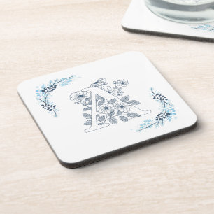 Posavasos Monograma azul inicial "A" Floral
