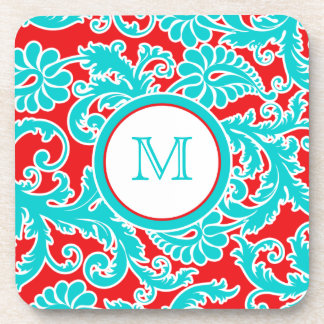 Posavasos Monograma azul, rojo, blanco Damasco conjunto de e