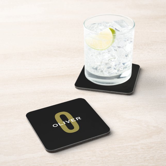 Posavasos Monograma blanco dorado negro personalizado (Lado Derecho)