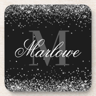 Posavasos Monograma blanco negro Purpurina plateado elegante