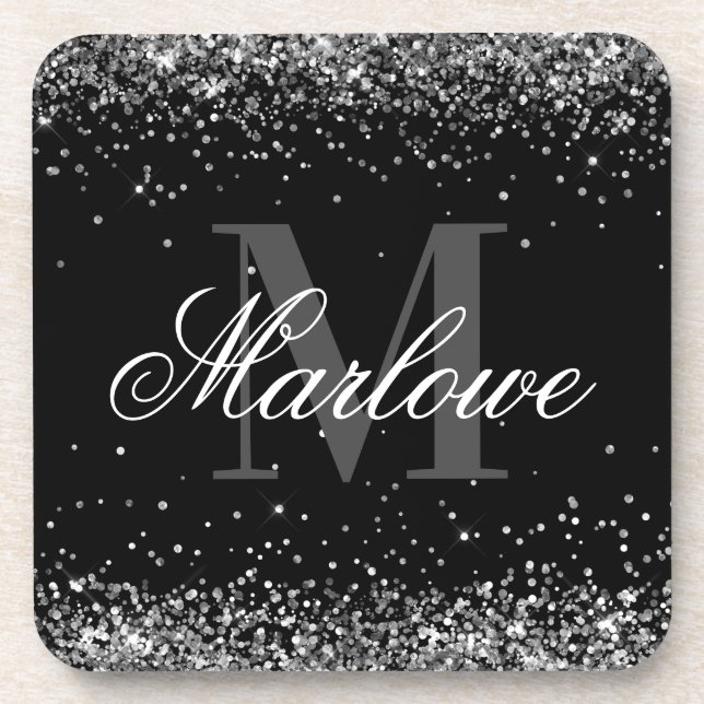 Posavasos Monograma blanco negro Purpurina plateado elegante (Frente)