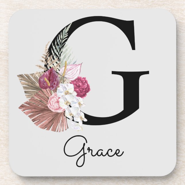 Posavasos Monograma Boho rosa Giro Floral Inicial G (Frente)