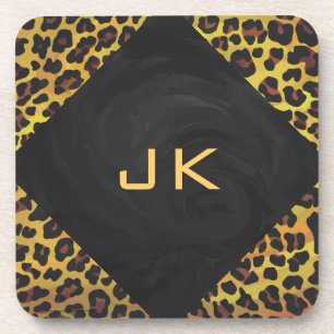 Posavasos Monograma con leopardo marrón y amarillo