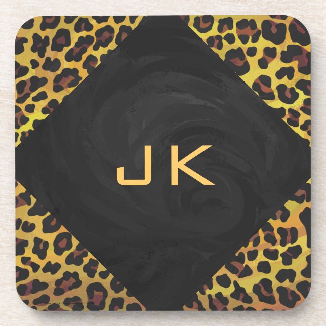 Posavasos Monograma con leopardo marrón y amarillo (Frente)