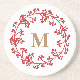 Posavasos Monograma con ruedo de bayas rojas de Navidad Posa