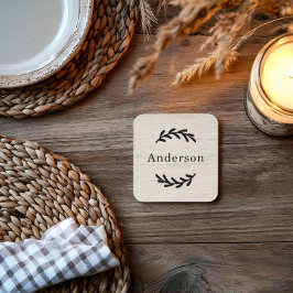 Posavasos Monograma de apellido de madera blanqueada rústica