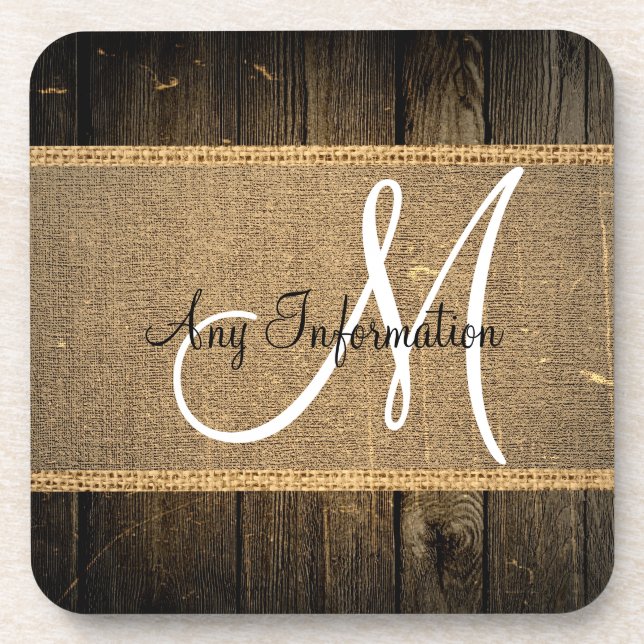 Posavasos Monograma de aspecto de madera rústica de Burlap v (Frente)