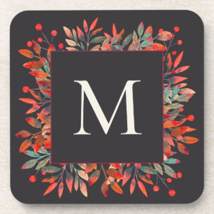 Posavasos Monograma de Berries y hojas verdes