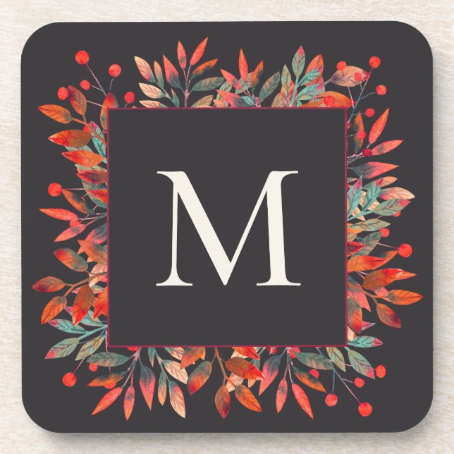 Posavasos Monograma de Berries y hojas verdes (Frente)