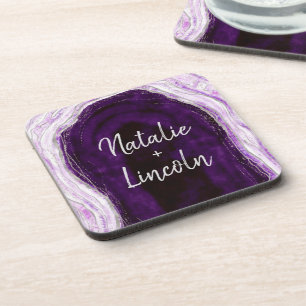 Posavasos Monograma de boda de geoda púrpura amatista y plat