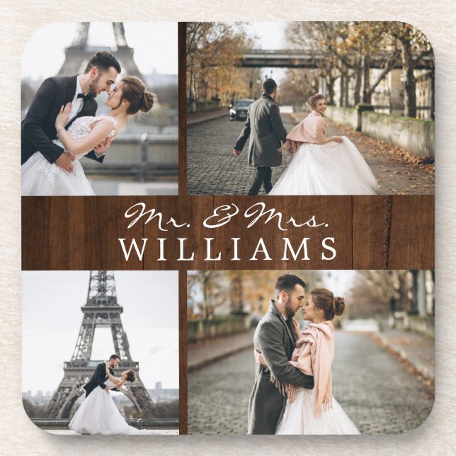 Posavasos Monograma de Collage de fotos moderno de madera rú (Frente)