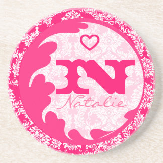 Posavasos Monograma de Damasco Rosa Personalizado