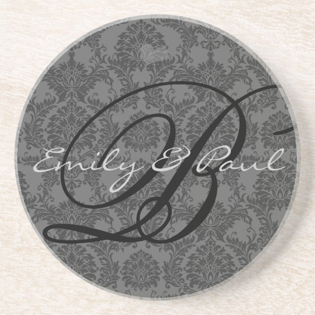 Posavasos Monograma de Damask Boda Aniversario Coasters (Frente)