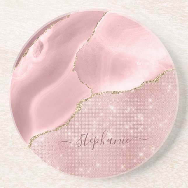 Posavasos Monograma de esparkle glam de ácaros rosados de Ru (Frente)