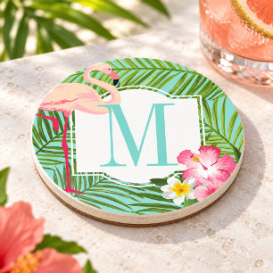 Posavasos Monograma de Flamingo Tropical y Flores de Hibisco