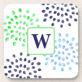 Posavasos Monograma de flor azul verde naval acuarela