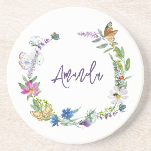 Posavasos Monograma de flor silvestre acuarela