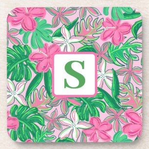Posavasos Monograma de flor tropical Pink White Green Preppy