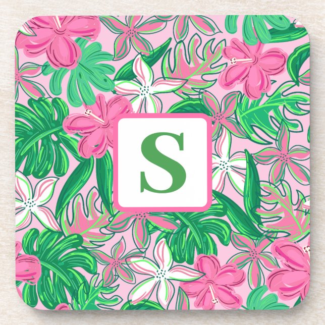 Posavasos Monograma de flor tropical Pink White Green Preppy (Frente)