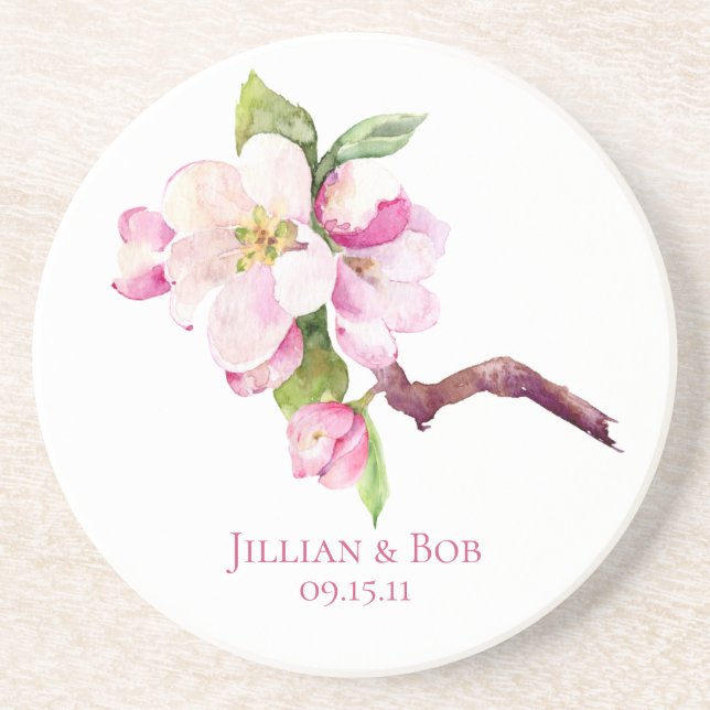 Posavasos Monograma de flores de manzana rosa y blanca (Frente)