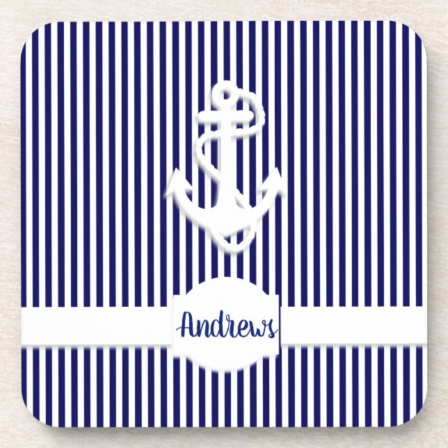 Posavasos Monograma de franjas y anclas o Personalizado de n (Frente)