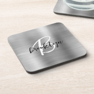 Posavasos Monograma de guión blanco negro de metal cepillado