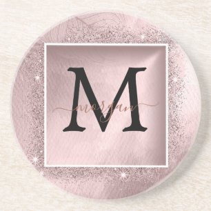 Posavasos Monograma de guión de Purpurina dorado Rosa