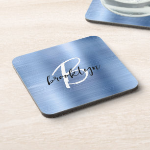 Posavasos Monograma de guión negro blanco de metal cepillado