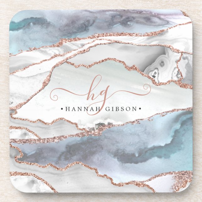 Posavasos Monograma de guion Verde azulado Purpurina de oro  (Frente)