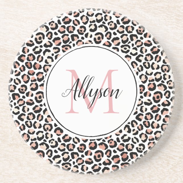Posavasos Monograma de impresión de leopardo negro rosado de (Frente)