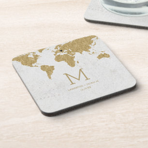 Posavasos Monograma de la boda de destino del mapa mundial d