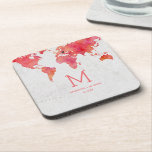 Posavasos Monograma de la boda de destino del mapa mundial d<br><div class="desc">Watercolor World Map Destination Wedding Coasters con MOVEABLE HEART LOCATION sólo tienes que hacer clic en el enlace personalizar adicional para posicionar tu corazón ~ Revisa mi tienda para ver toda la colección de bodas con este diseño!</div>
