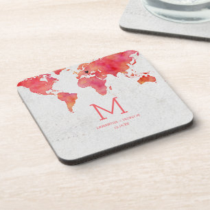 Posavasos Monograma de la boda de destino del mapa mundial d