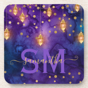 Posavasos Monograma de Luces de Linterna Morado y Azul