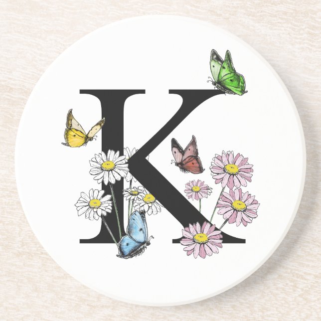 Posavasos Monograma de mariposa acuarela floral letra K (Frente)