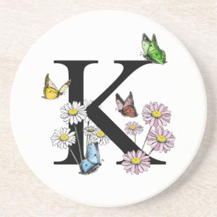 Posavasos Monograma de mariposa de acuarela floral letra K