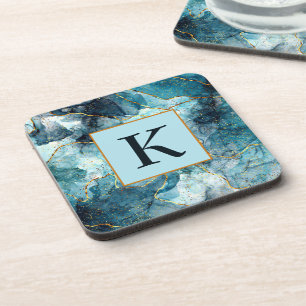Posavasos Monograma de mármol brillante azul y dorado