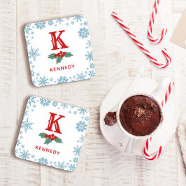 Posavasos Monograma de Navidades de copos de nieve azul holl
