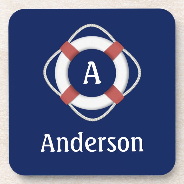 Posavasos Monograma de Navy Blue Nautical Lifesaver (Frente)