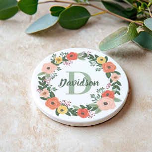 Posavasos Monograma de nombre de florería rosa coral