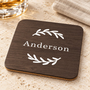 Posavasos Monograma de nombre de laurel de madera oscura rús