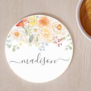 Posavasos Monograma de nombre personalizado acuarela floral 