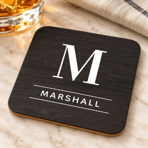 Posavasos Monograma de nombre serif de madera de carbón rúst