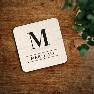 Posavasos Monograma de nombre serif en madera blanca rústica
