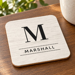 Posavasos Monograma de nombre serif en madera pálida rústica