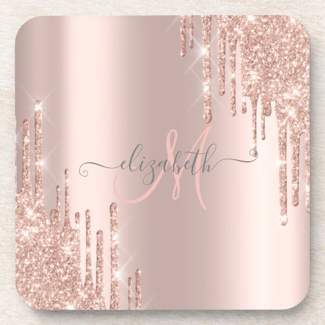 Posavasos Monograma de oro Rosa de Purpurinas modernos (Frente)