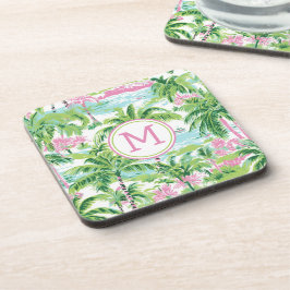 Posavasos Monograma de palmeras tropicales verde y rosa prec