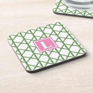 Posavasos Monograma de Patrón de Bambú de Enrejado Verde Ele