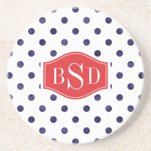 Posavasos monograma de patrones de puntos de polka azul y bl